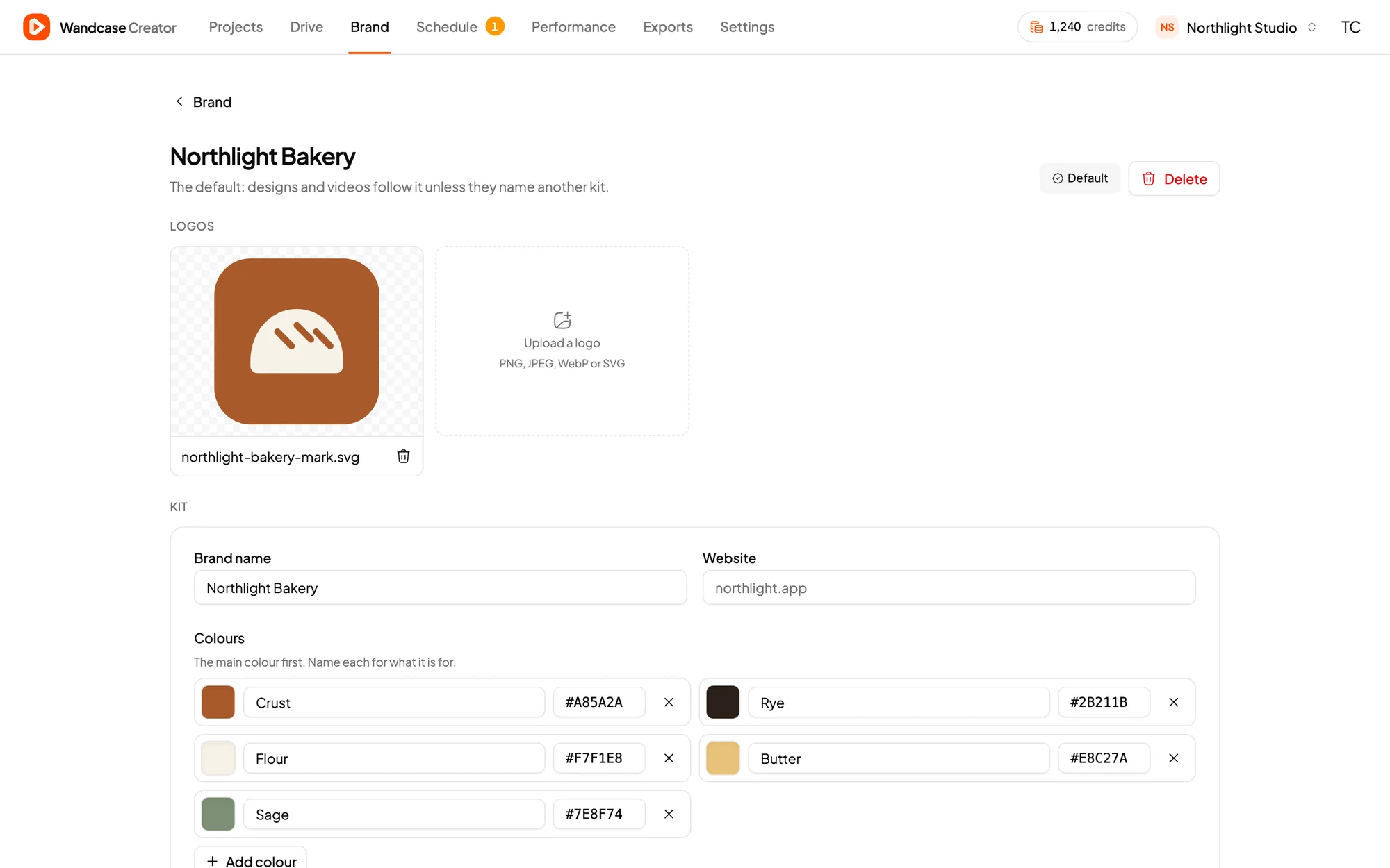 Creator's brand kit page with the logo and named brand colours