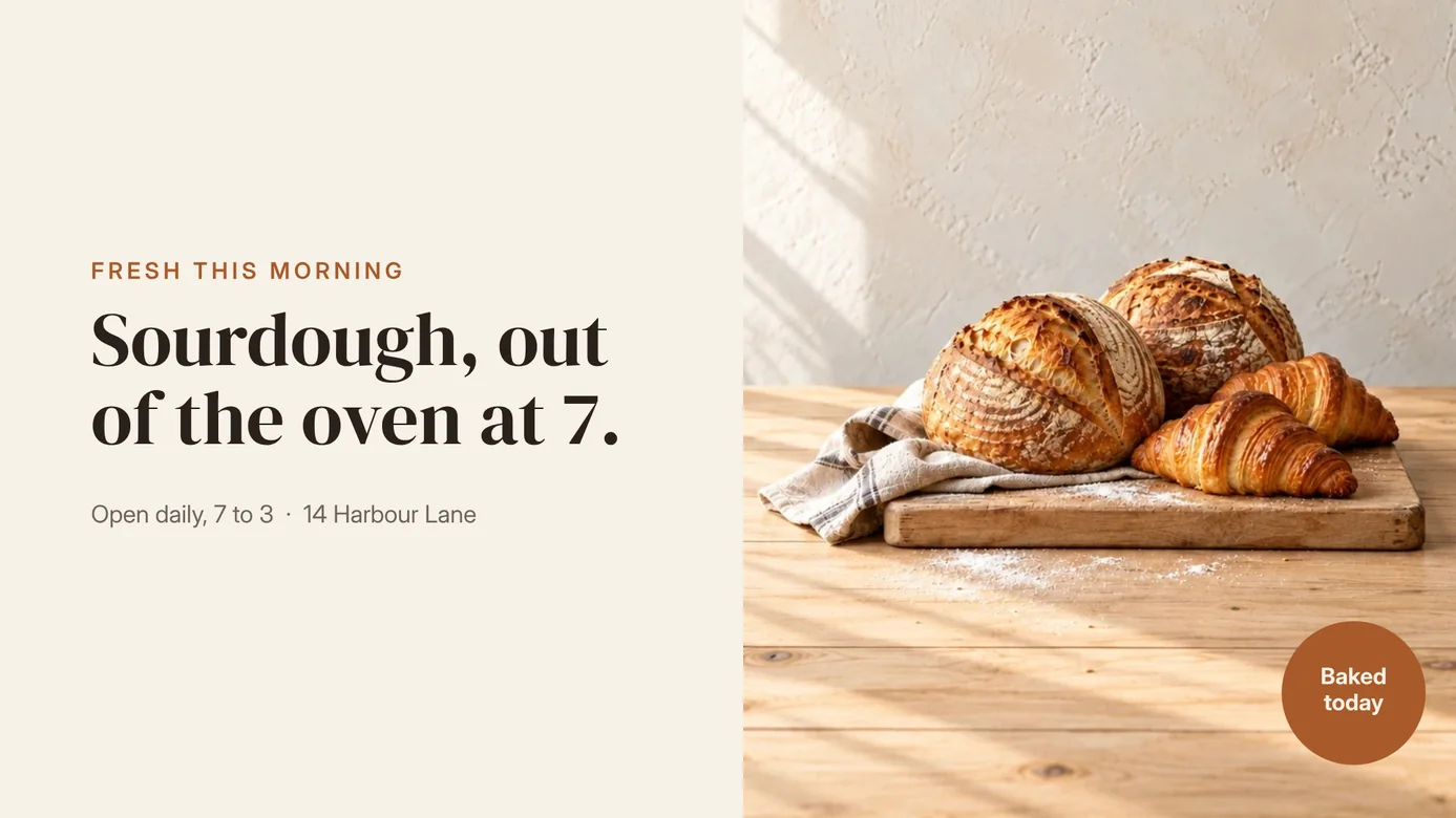 The same bakery post at 16:9: a photo of sourdough and croissants with the headline “Sourdough, out of the oven at 7.”