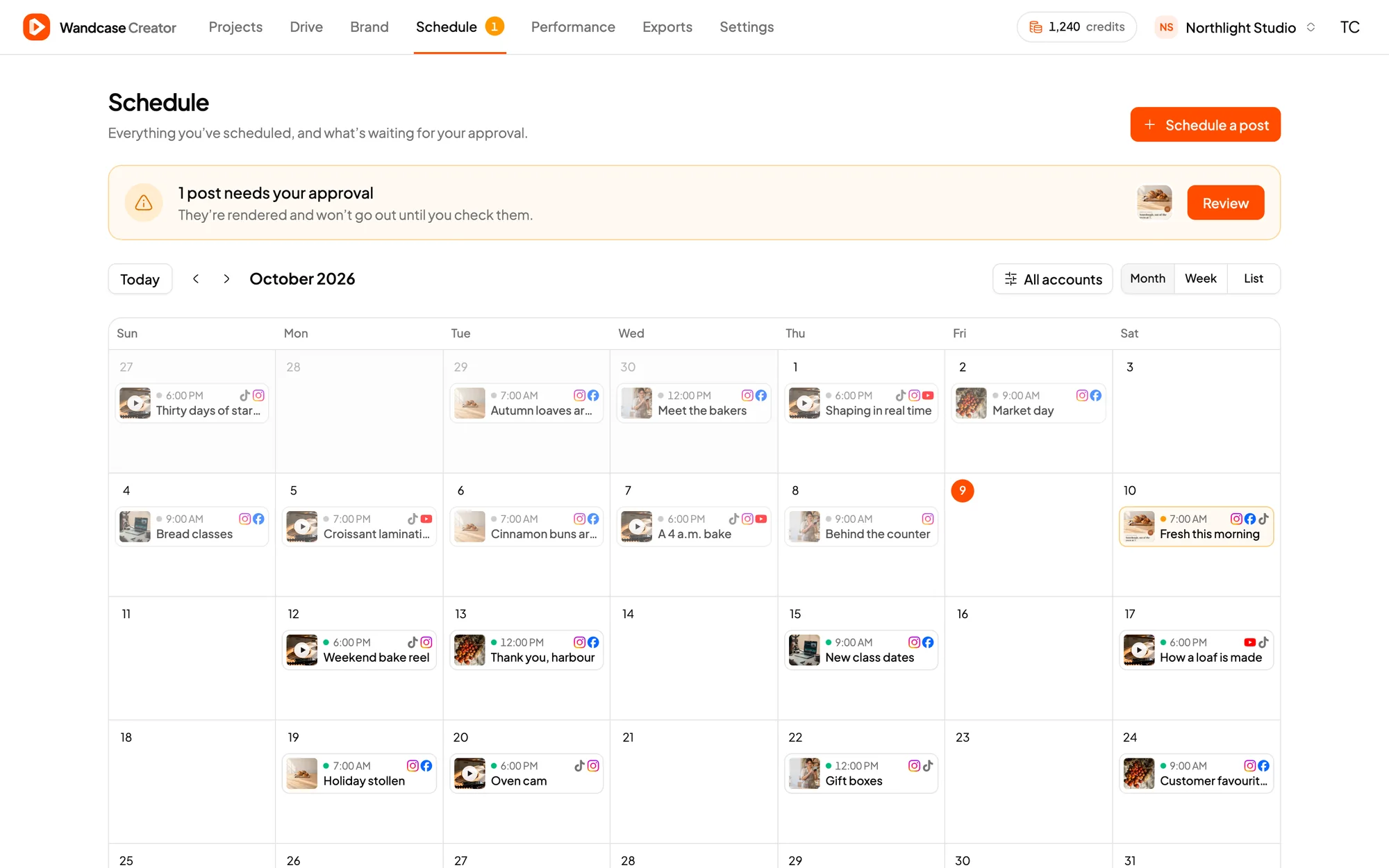 Creator's schedule: a month calendar of posts to Instagram, Facebook, TikTok and YouTube, with one waiting for approval