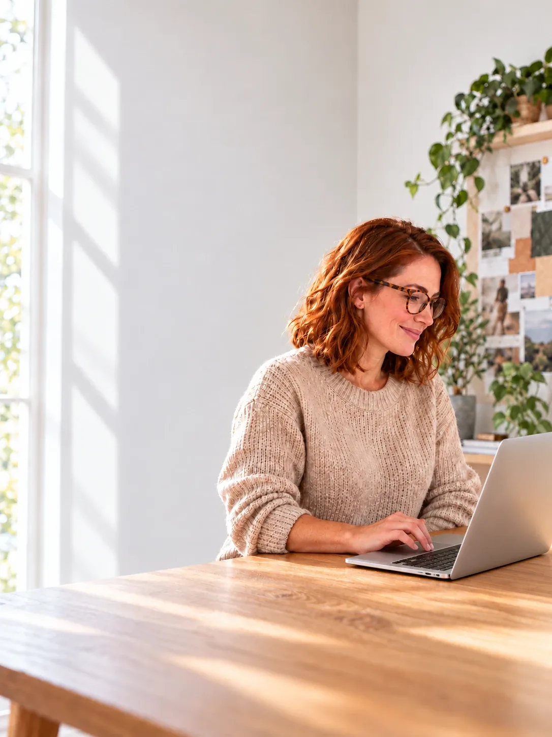 A marketing agency founder smiling at her laptop at an oak desk in a bright studio office